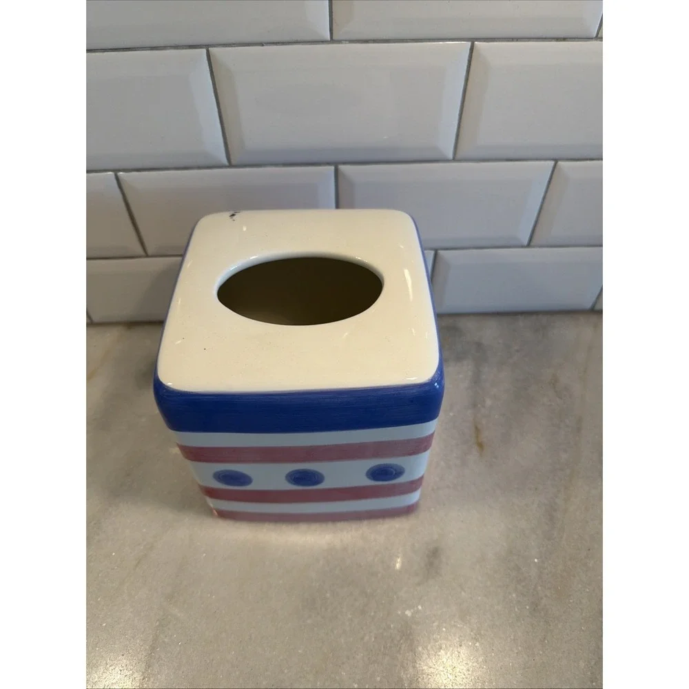 vintage Pale Red White Blue ceramic tissue cover Home Innovations GW995